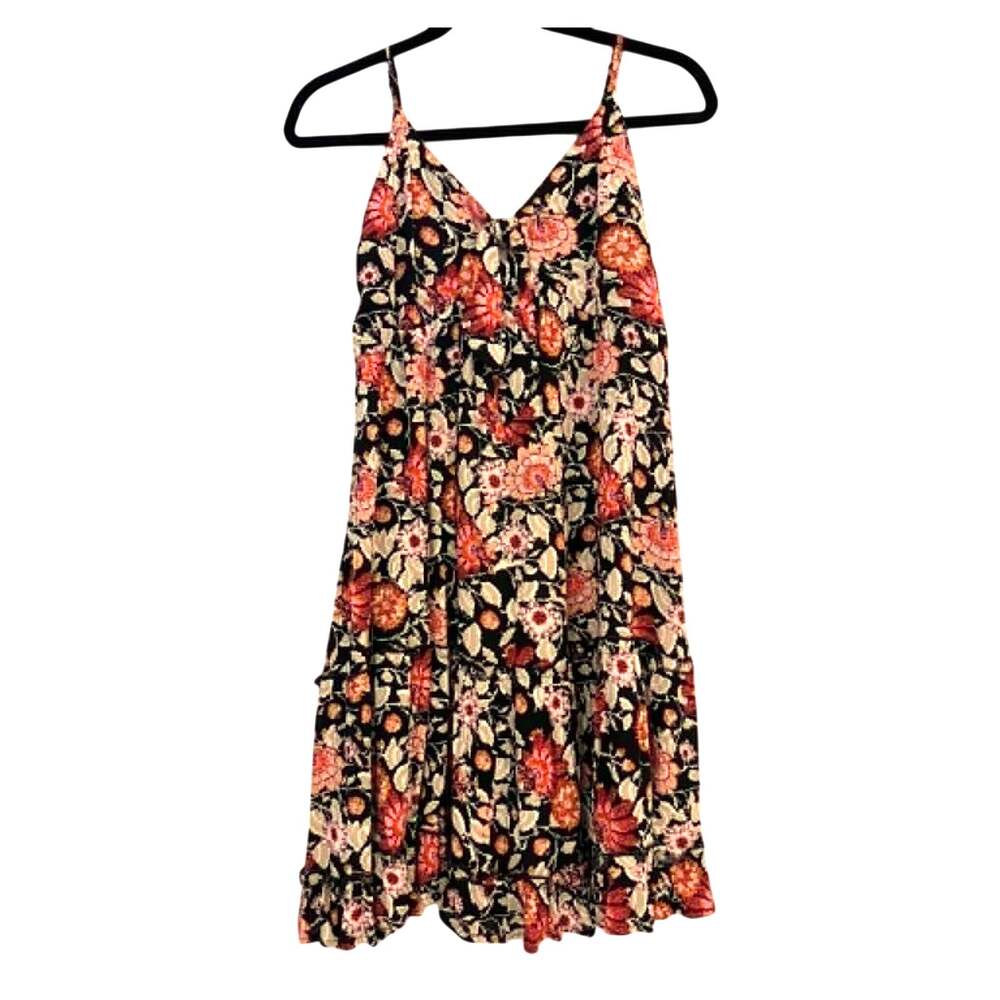 Maurices Womens XS Floral Mini Dress Black Pink Smocked Tiered Boho Sleeveless